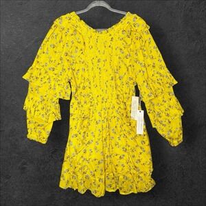 Happy‎ Nature Women's Size M Mini Dress Yellow Floral Ruffle Long Sleeve Cotton